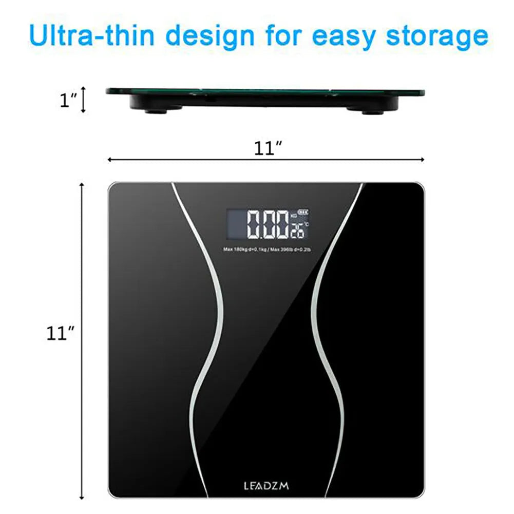 Black electronic bathroom scale with digital display and 180kg capacity