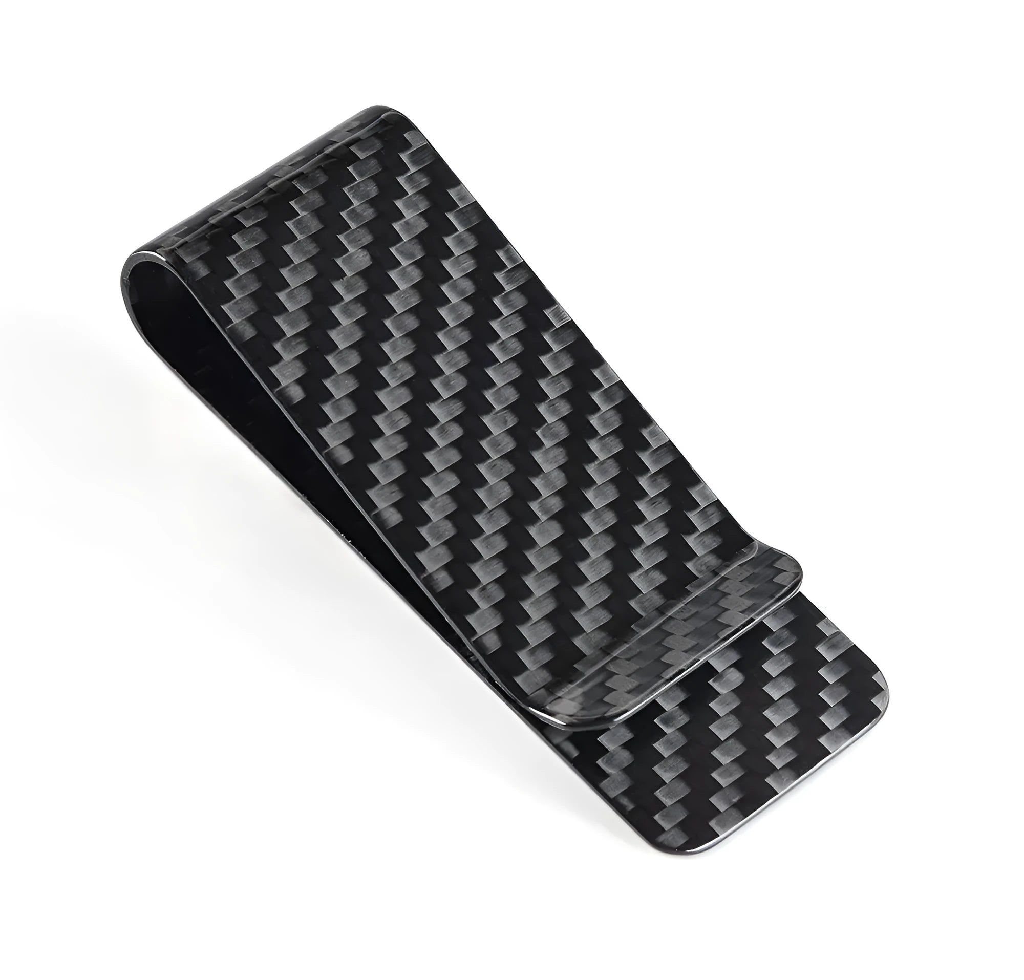 Black genuine carbon fiber money clip with striped glossy surface on a plain background