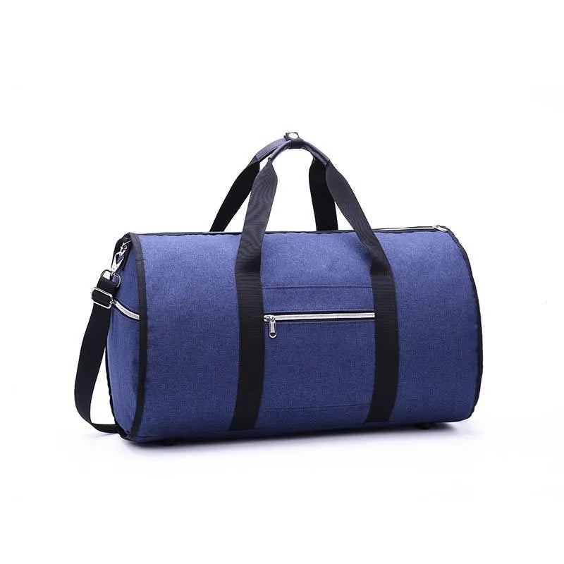 Medium sized cylindrical duffle travel bag in black, shown with zipper open, made from Oxford cloth.