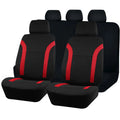 Polyester eyelet-stitch car seat cover set shown in available colours: blue, red, black, and grey.