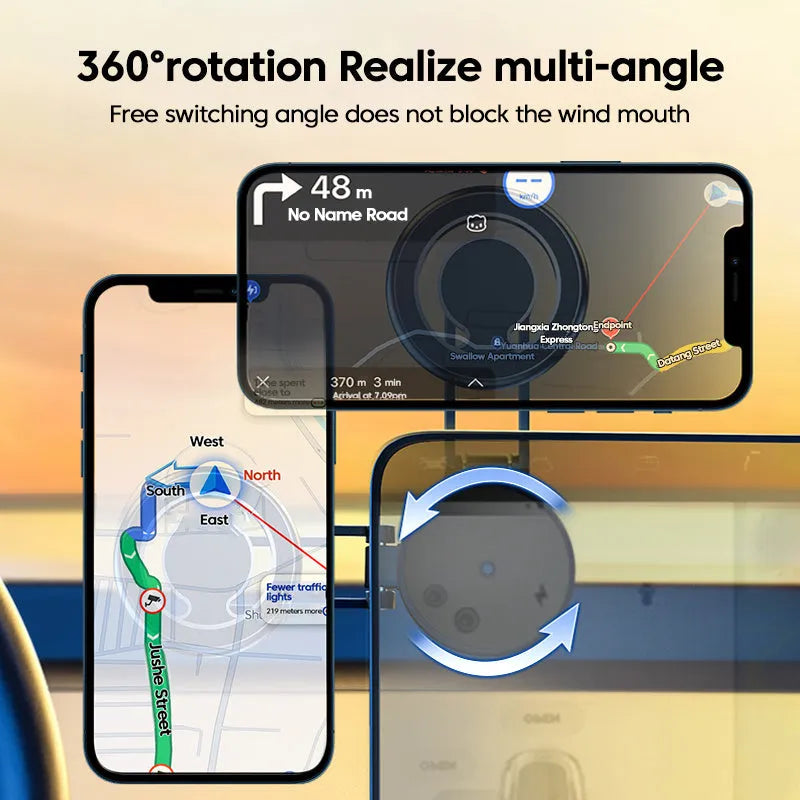 Telescopic folding magnetic car phone holder in black or silver for dashboard mounting.
