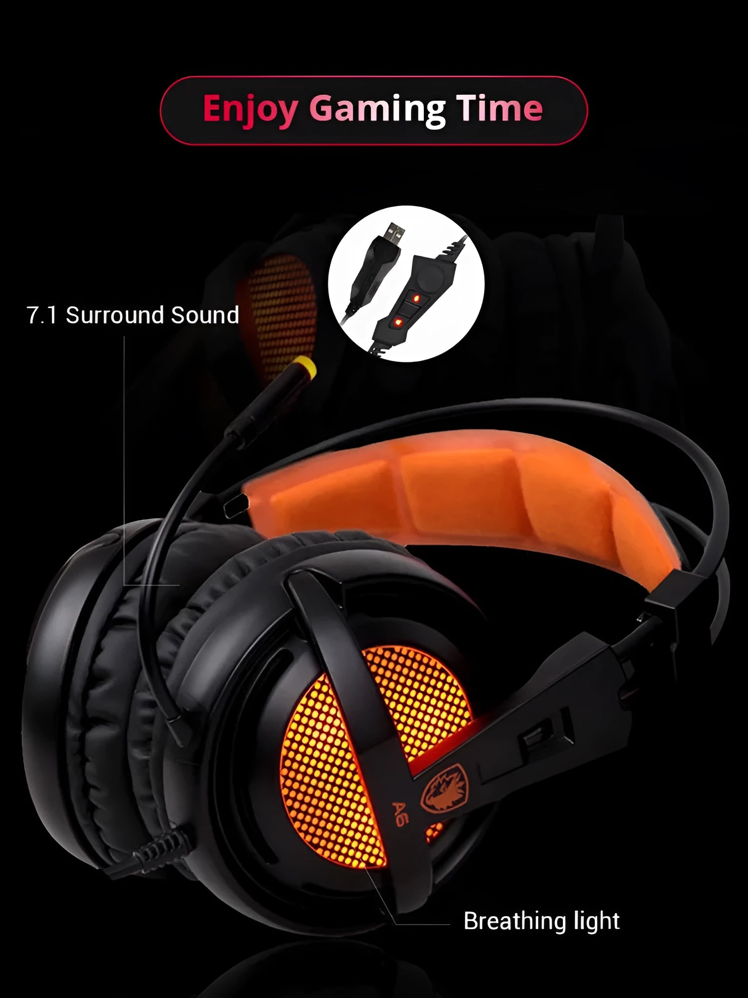 Black and white USB gaming headset with LED lights and 40mm speakers