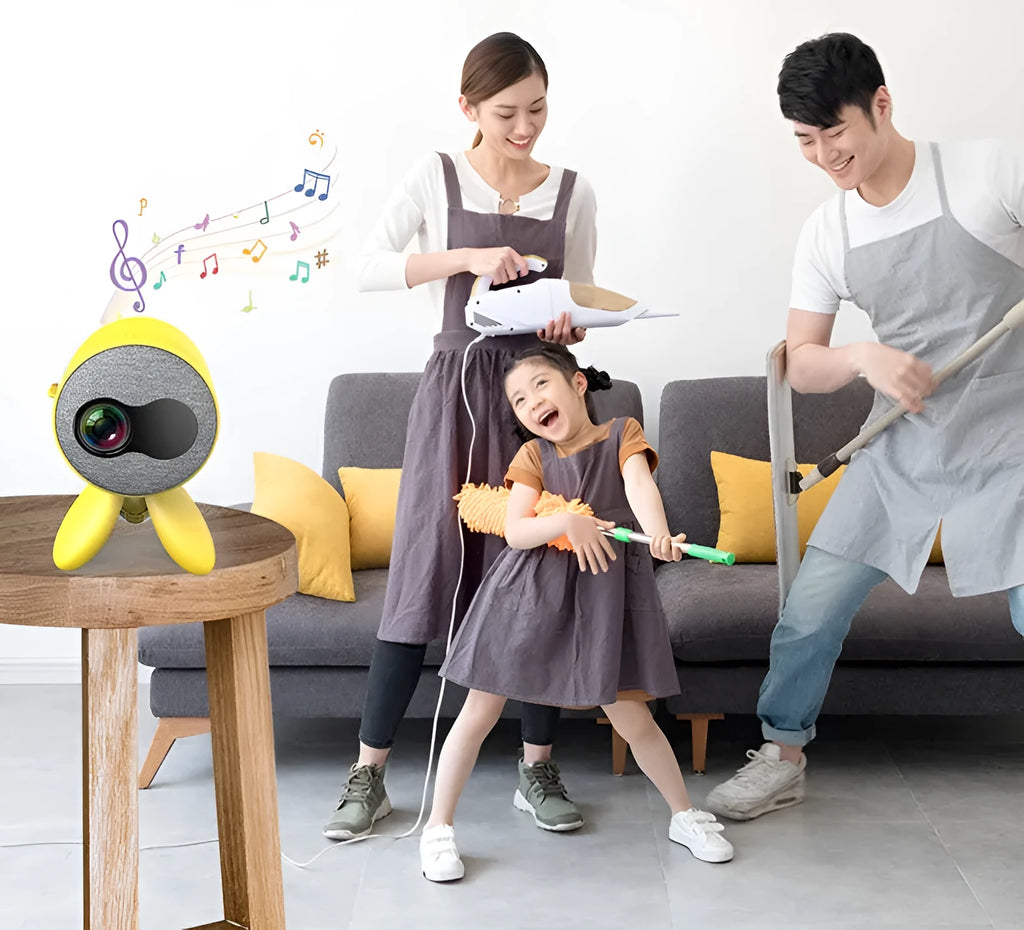 YG220 portable LED projector in white or yellow, showing front lens and compact size.