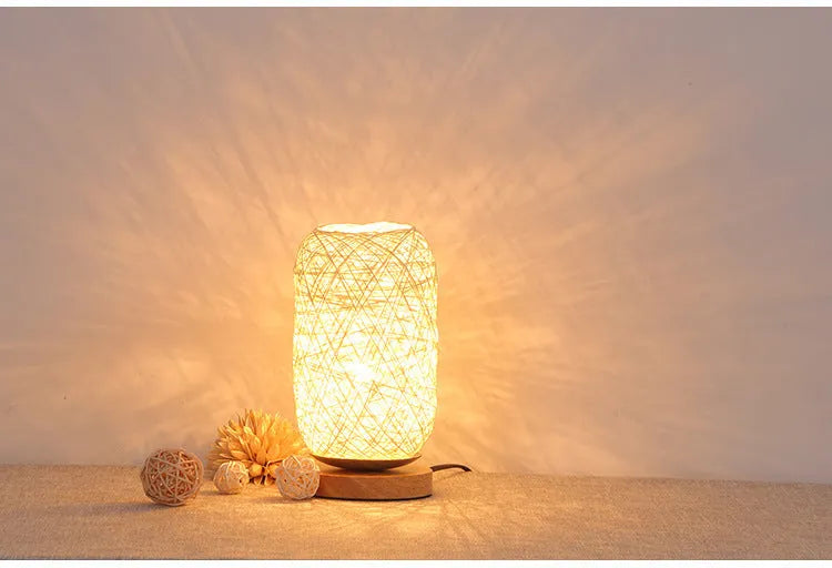 Brown twine Sepak Takraw patterned desk lamp with hemp rope weaving and wooden base