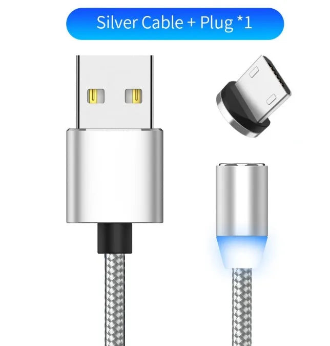 1 metre cotton braided magnetic charging cable with LED light and aluminium connectors