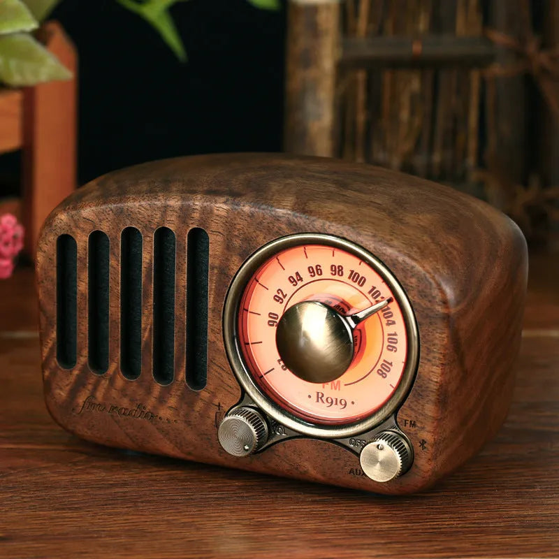 Retro wooden wireless mini speaker in natural wood finish with compact dimensions