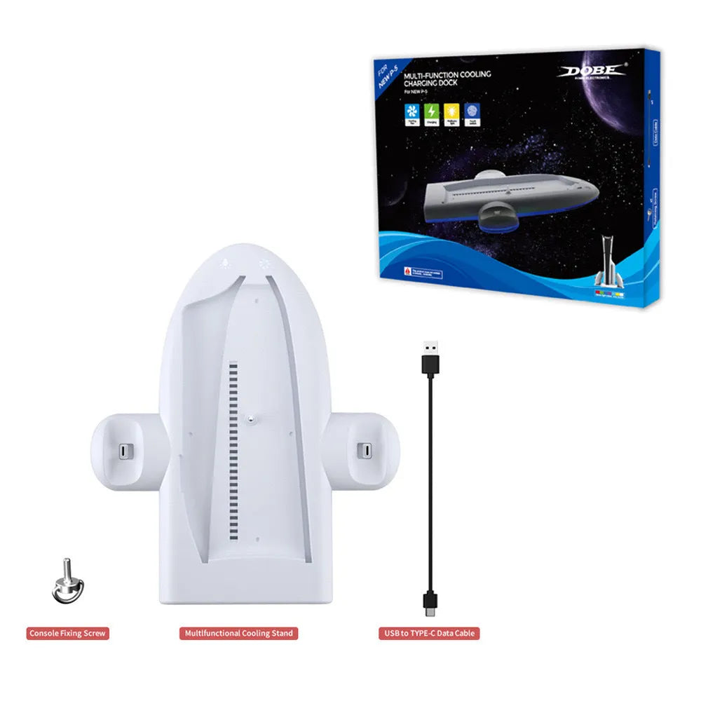 White PS5 Slim charging base with RGB lighting and cooling fan dimensions 29x22.8x3cm