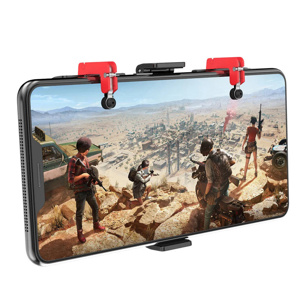 Black mobile phone gaming trigger handle with adjustable metal trigger and telescopic phone clip extended