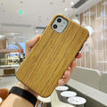 Wooden iPhone case showing rosewood, teak, black rose and walnut finish options with simple back cover design