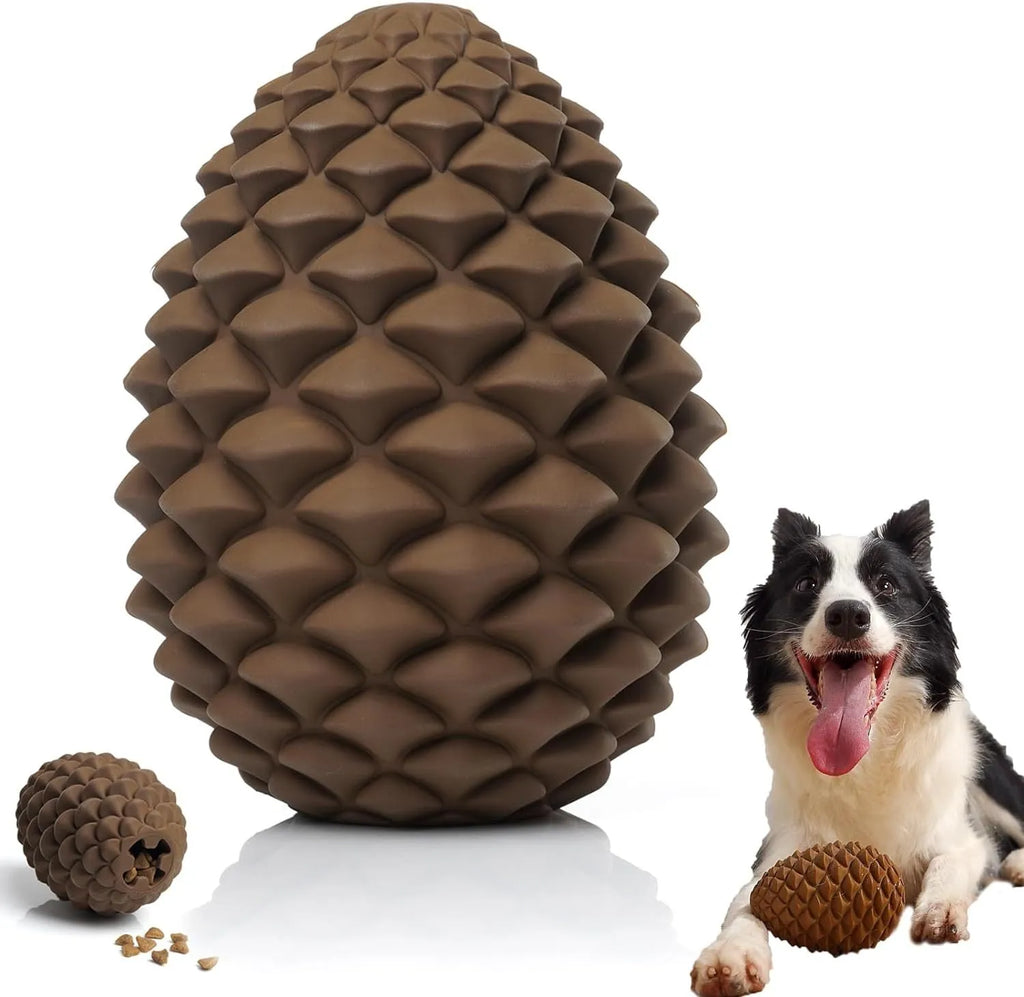 Yellow pine cone-shaped natural rubber dog toy with treat dispenser for medium and large dogs