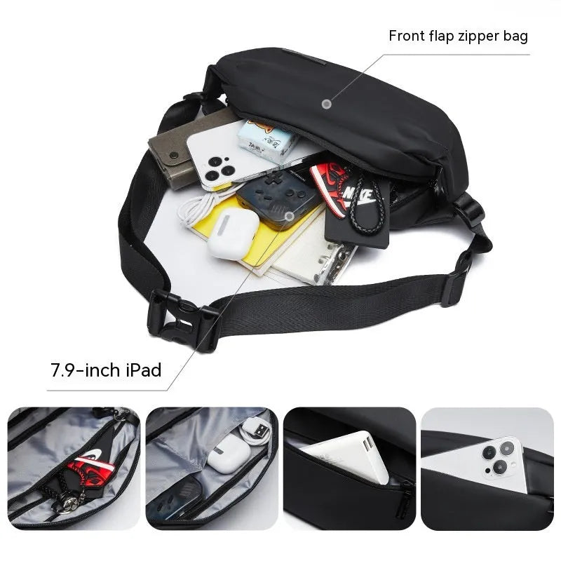 Black Oxford cloth men's messenger bag with a one-shoulder riding strap.