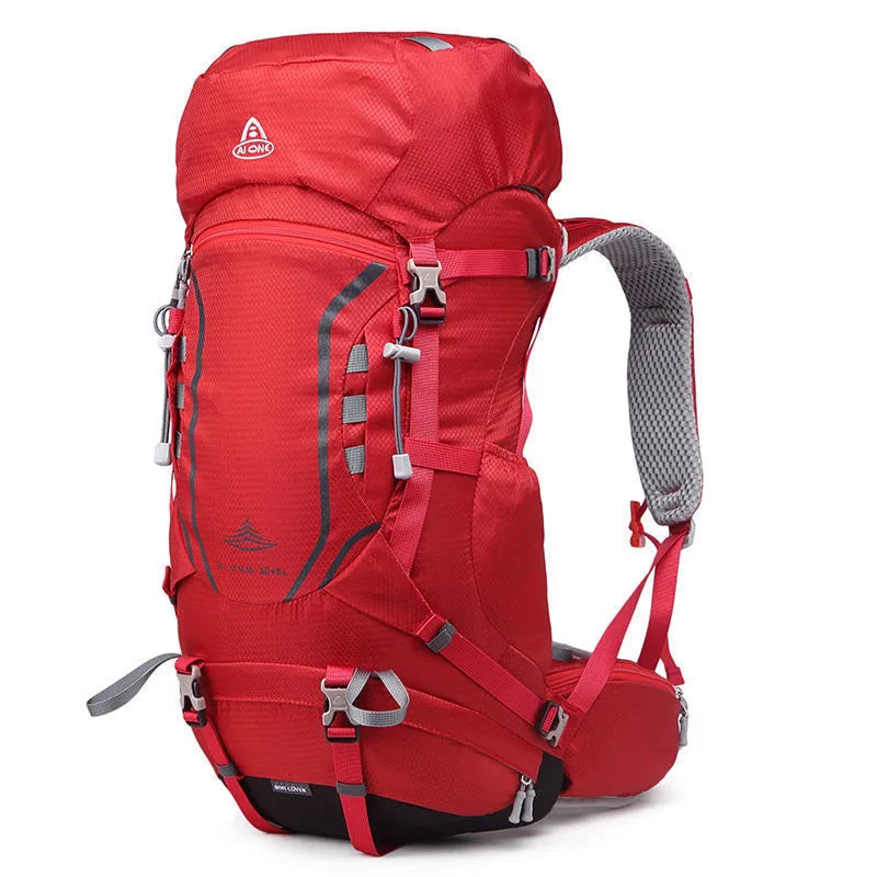 Large capacity hiking backpack 35+5L in dark green, tear-resistant nylon, ultralight mesh frame