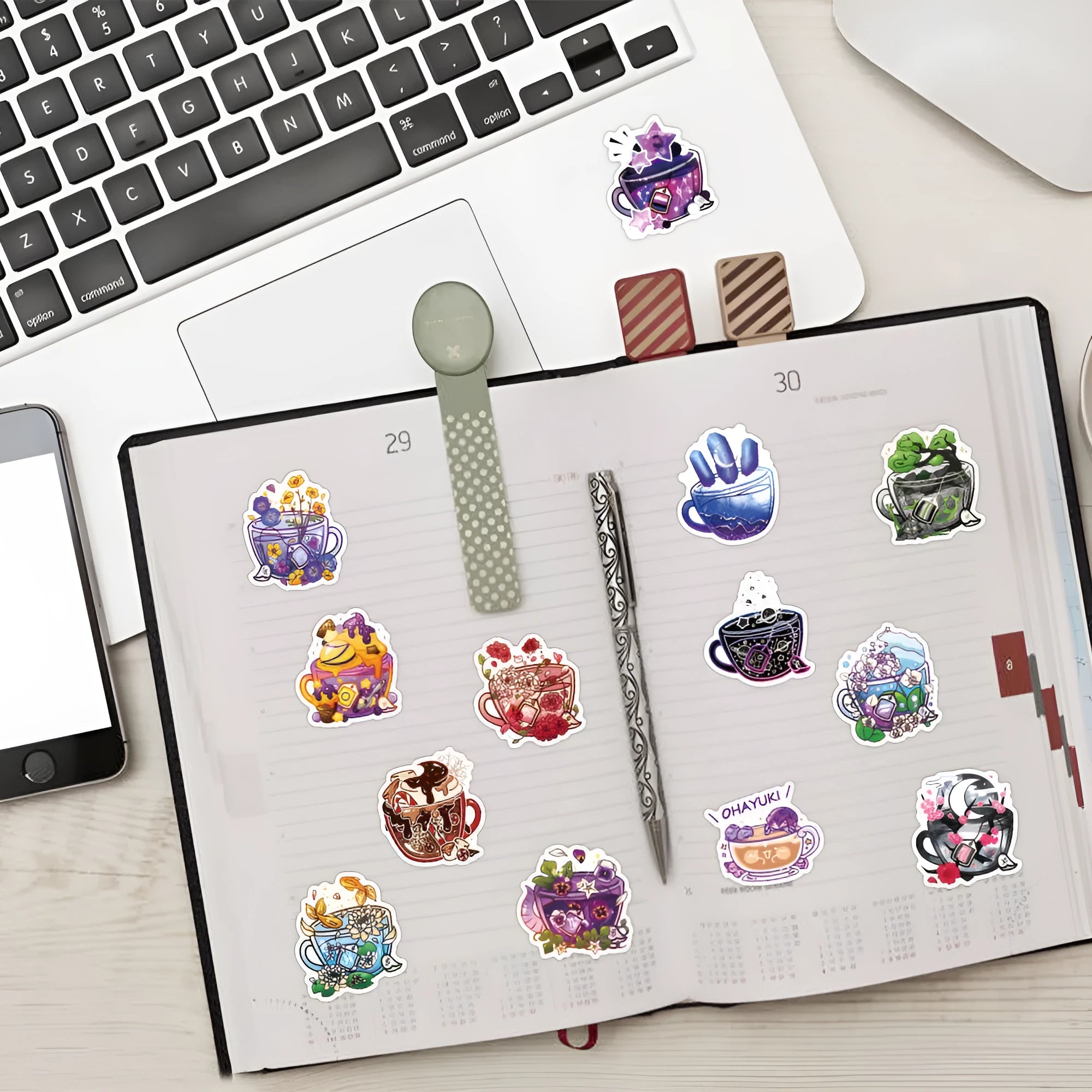 Waterproof colourful tea cup graffiti stickers set of 50 pieces for luggage and sports gear customisation