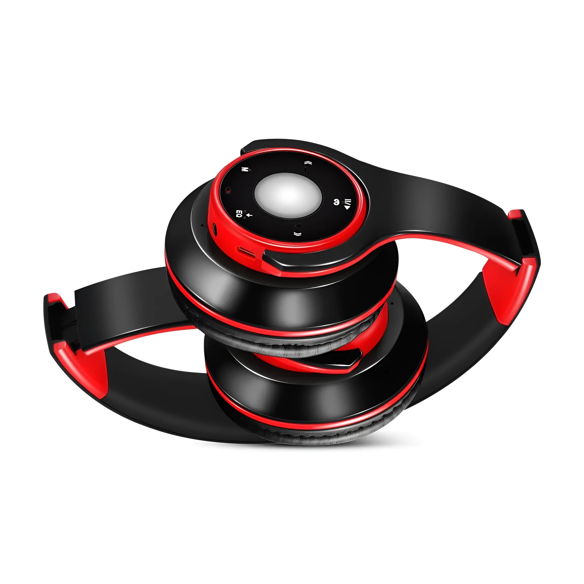 Foldable wireless Bluetooth headset shown in blue, with adjustable hinges and an SD card slot.
