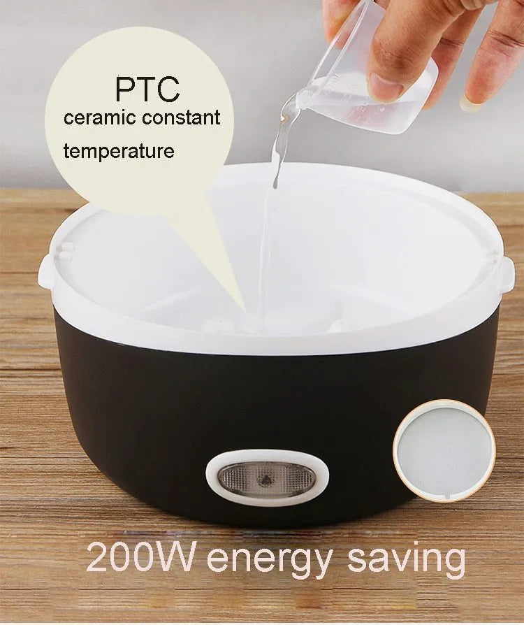 A compact cubic USB-powered lunch box showing two-layer and three-layer capacity options for portable food heating.