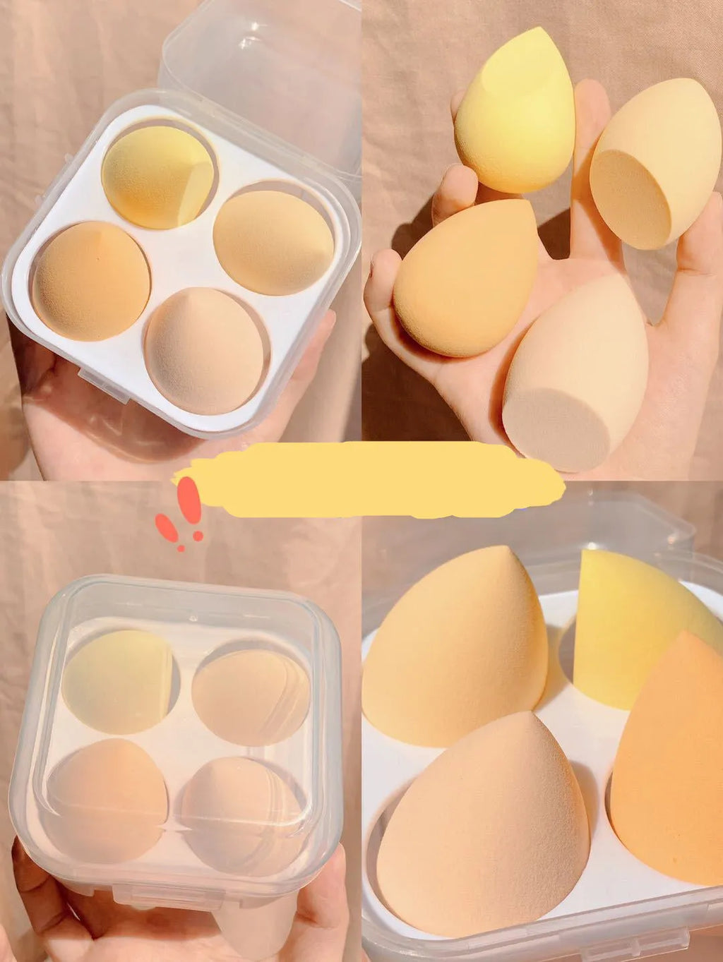 Set of four coloured makeup sponge eggs on a white background