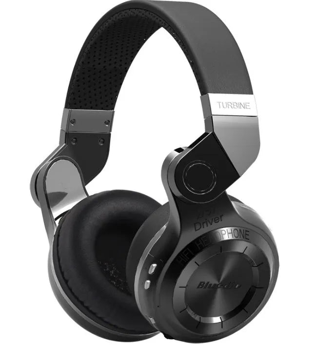 Blue String T2 black and white foldable over-ear Bluetooth headphones with a detachable cable.