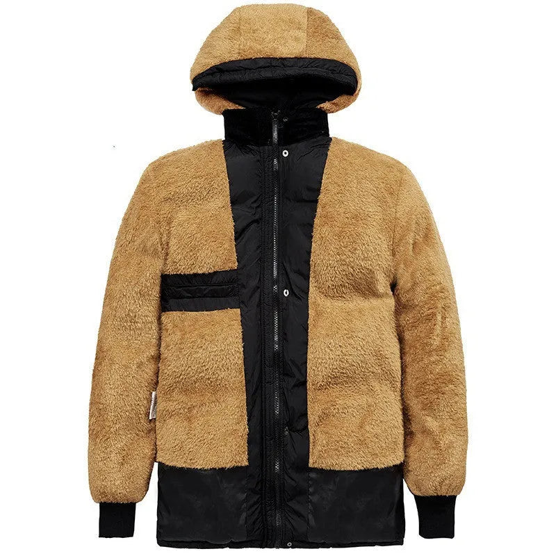 Black men's loose velvet padded hooded jacket with double-breasted front.