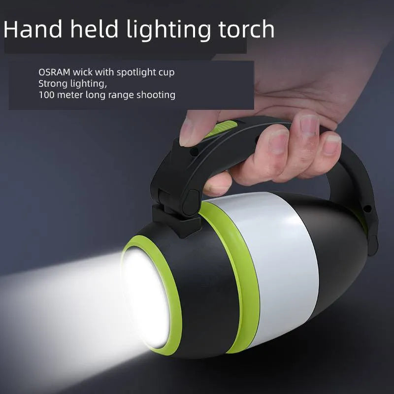 Black/green foldable LED camping lamp showing adjustable head and USB charging port