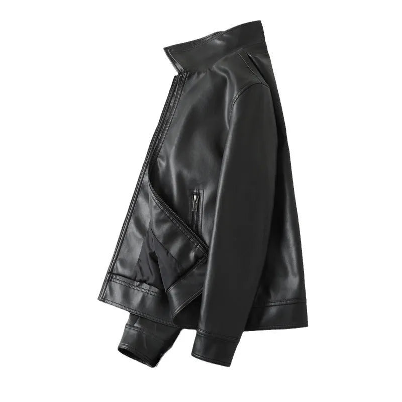 Men's black PU leather casual jacket with regular length and loose fit
