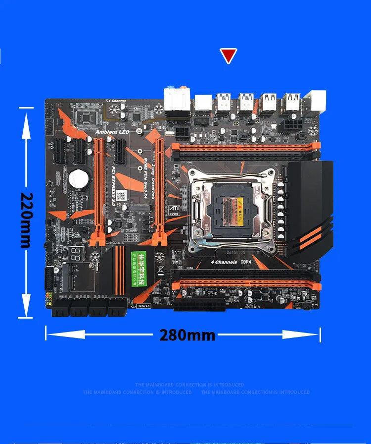 Black X99 series desktop computer motherboard with LGA2011-3 socket, four DDR4 slots, and PCIe expansion slots.