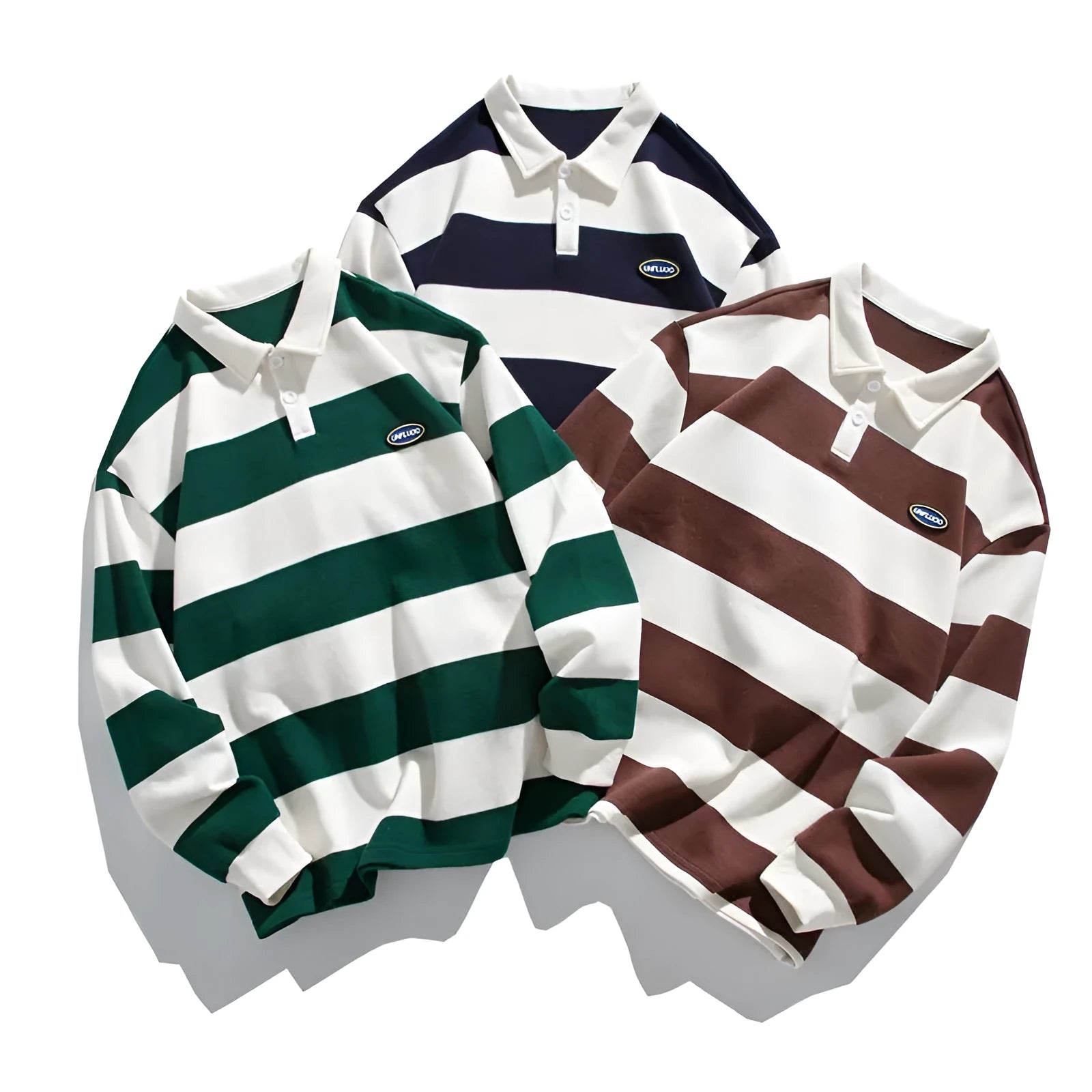 Hong Kong style pearl cotton polo shirt with lapel collar in striped loose fit design