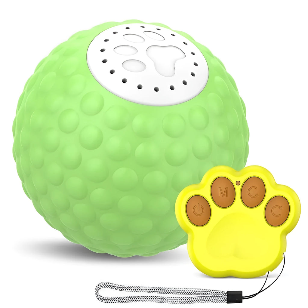 Blue remote control cat toy with rolling ball mechanism and feather attachment