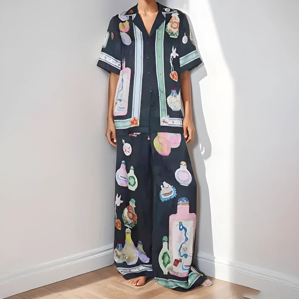 Black women's cardigan and pants set with cartoon animation pattern