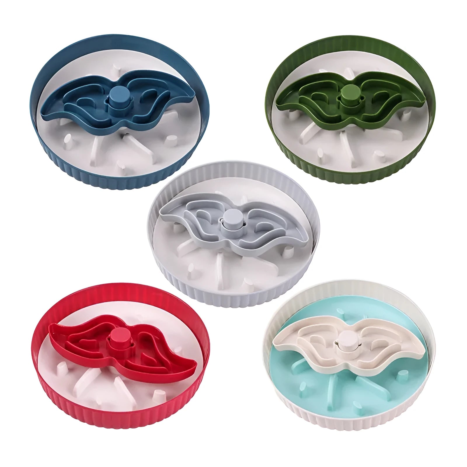 Grey plastic pet bowl with rotating windmill-pattern slow feeder licking mat inside