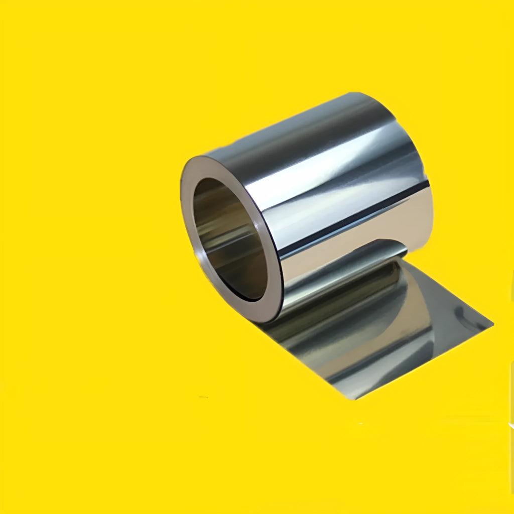 Close-up of a roll of thin 304 stainless steel sheet with a brown leather backing, showing measurements.