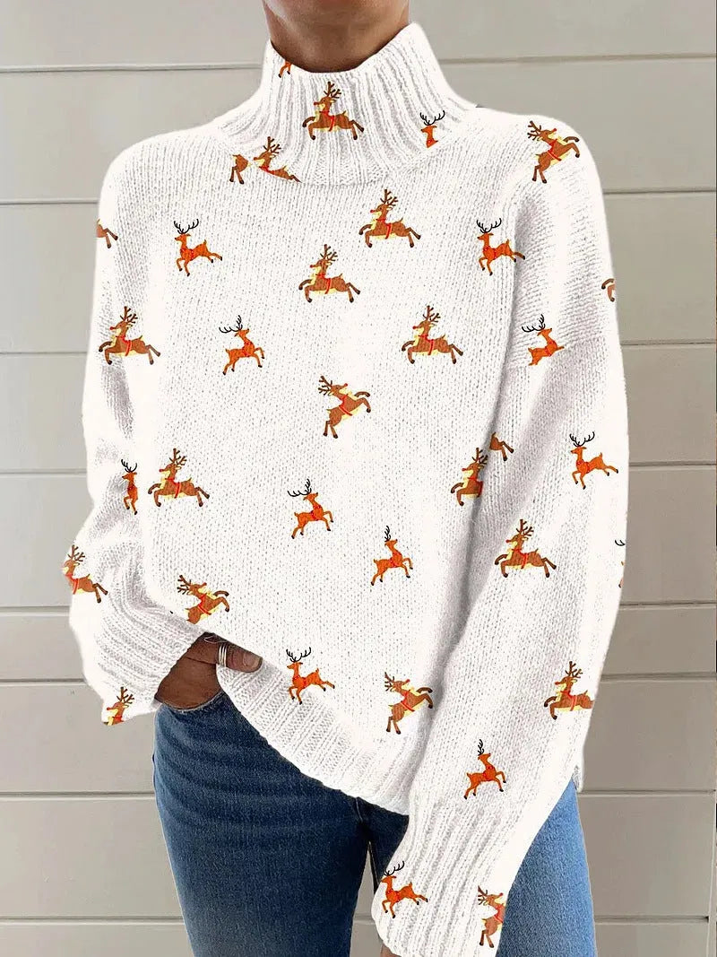 Women's loose-fit Christmas printed turtleneck sweater in polyester with turtleneck collar and long sleeves