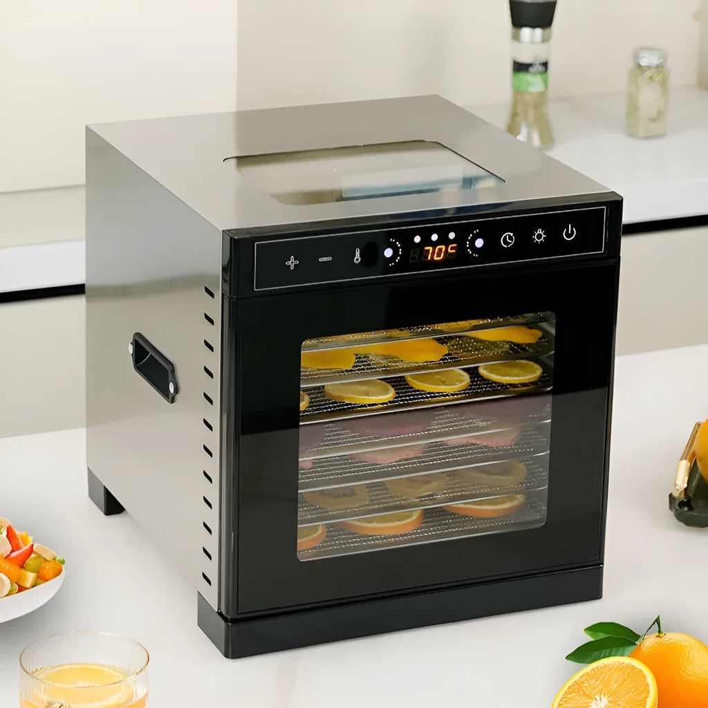 Stainless steel fruit dehydrator with clear viewing skylight and LED control panel