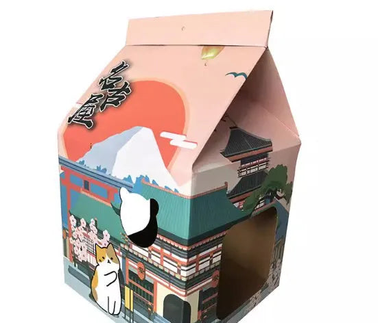 Foldable corrugated cardboard cat scratching board with Nagoya pattern, shown as a flat scratcher and a formed cat nest bed.