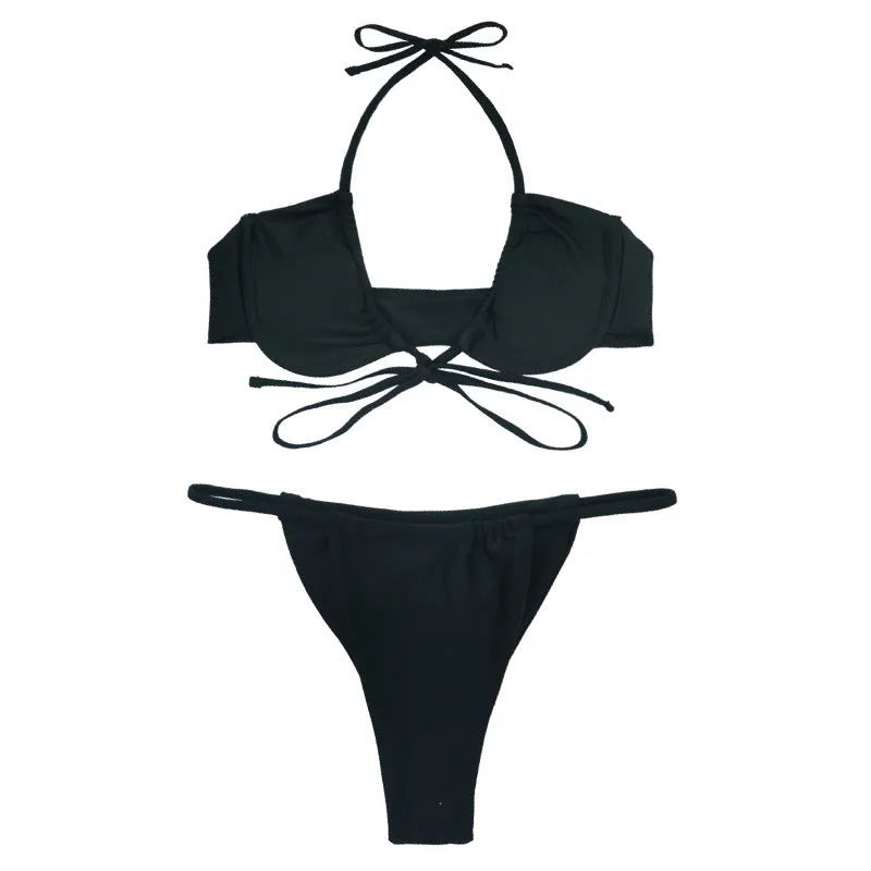 Women's black and mint green split bikini swimsuit with adjustable shoulder straps