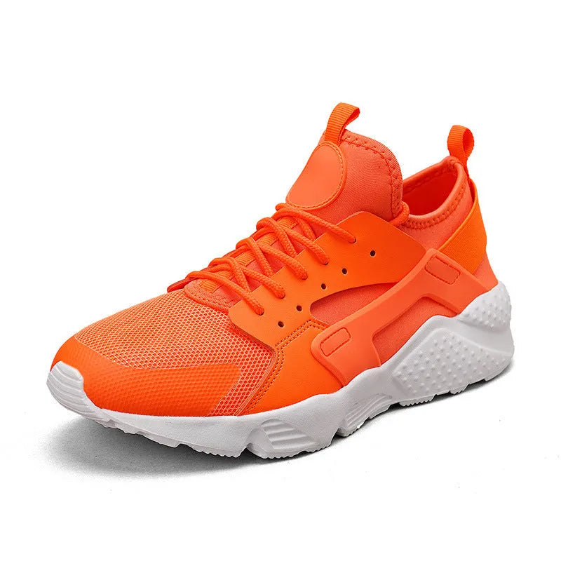 Men's low top casual shoes in fluorescent red with mesh upper, cross shoulder straps, and flat MD sole.