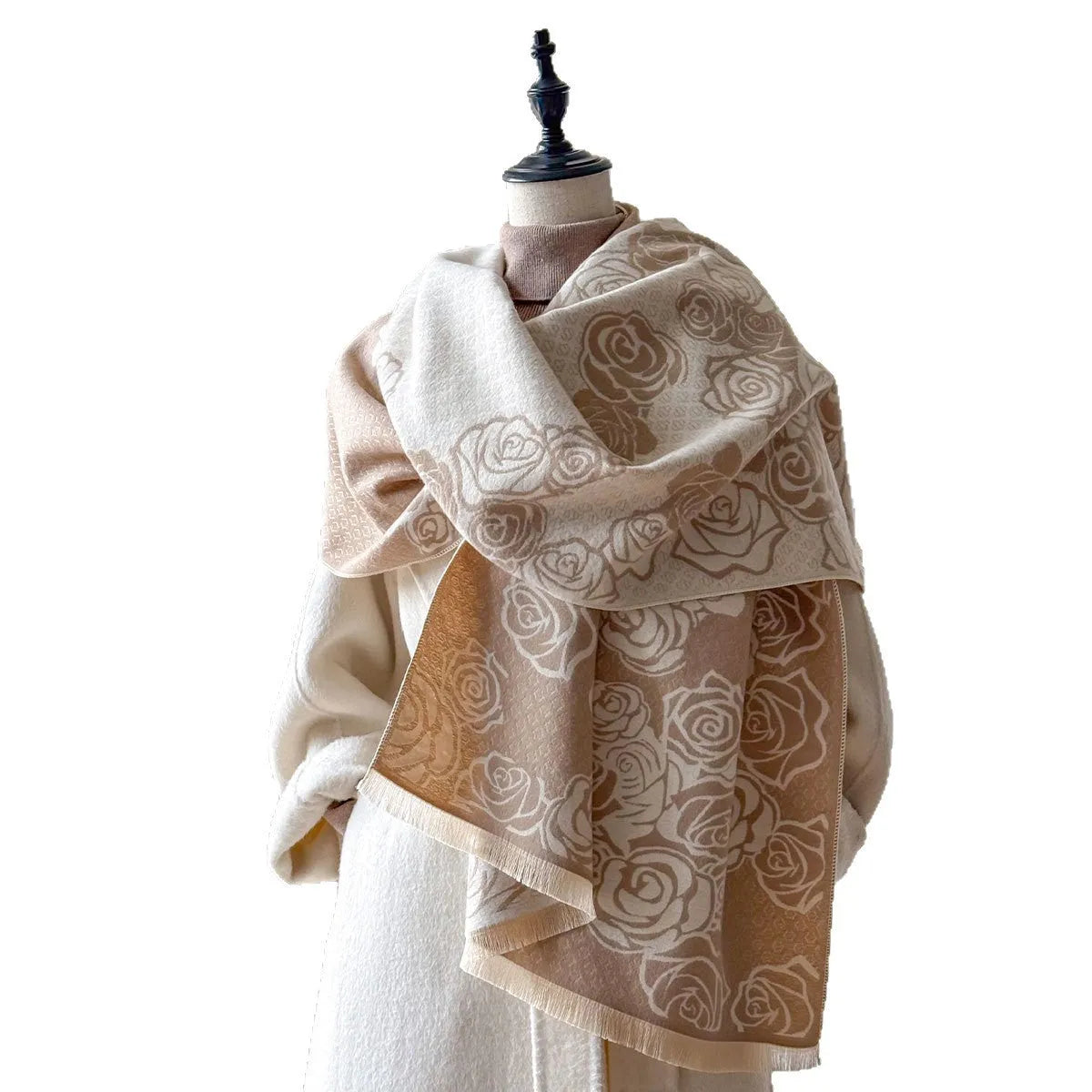 Thick winter scarf in imitation cashmere with tassel ends showing colour options