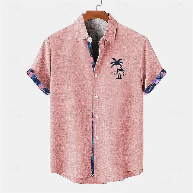Linen short sleeve shirt with ocean fish pattern lapel in loose casual fit