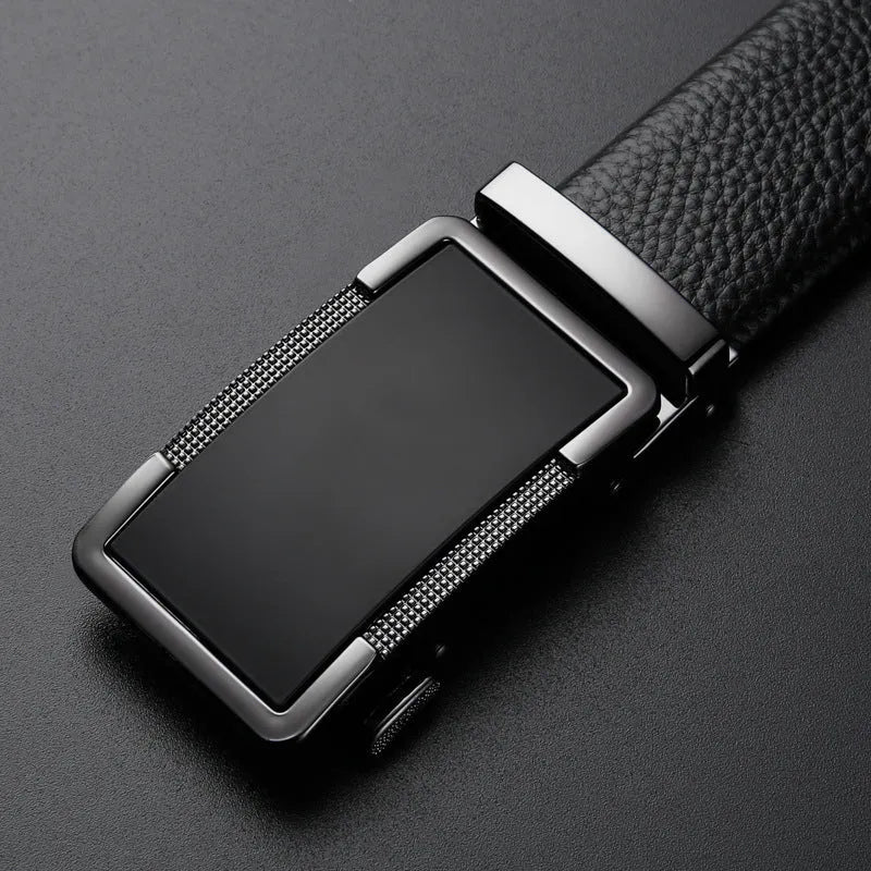 Men's automatic buckle leather belt in gun black, silver, or gold finish showing alloy buckle