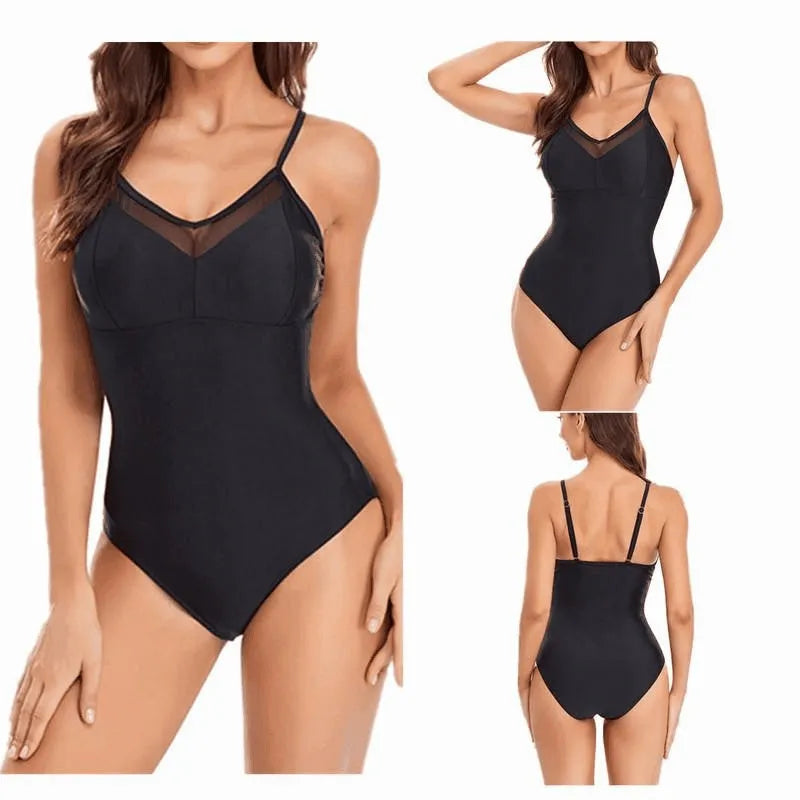 Women's solid colour mesh one-piece swimsuit with backless design in black or blue options