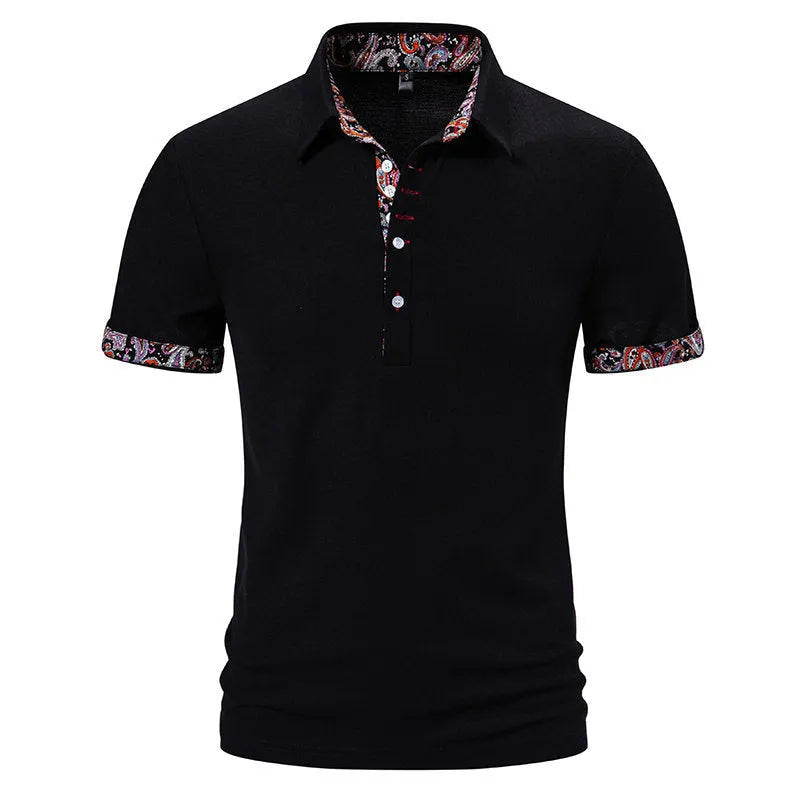 Men's cotton blend polo shirt with turnover collar, short sleeves, and colour stitching in navy blue.