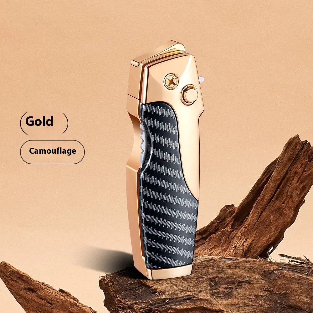 Zinc alloy folding knife and jet lighter multi-tool in black with wood grain finish, showing closed position.
