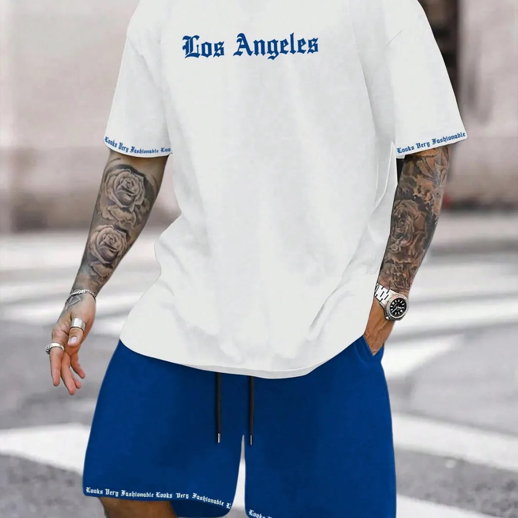 Sports style short-sleeved shorts set with printed pattern, loose fit shorts, and quick-dry fabric