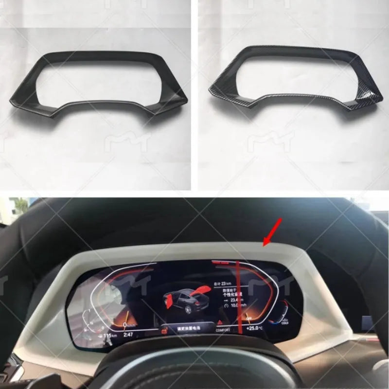 Dashboard decorative frame for BMW X5L in carbon fibre and peach wood finish options.