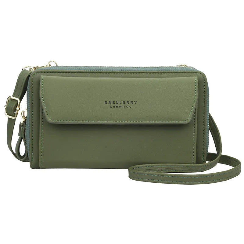 Ladies long wallet messenger bag in PU leather with double zipper, shown in multiple colour options