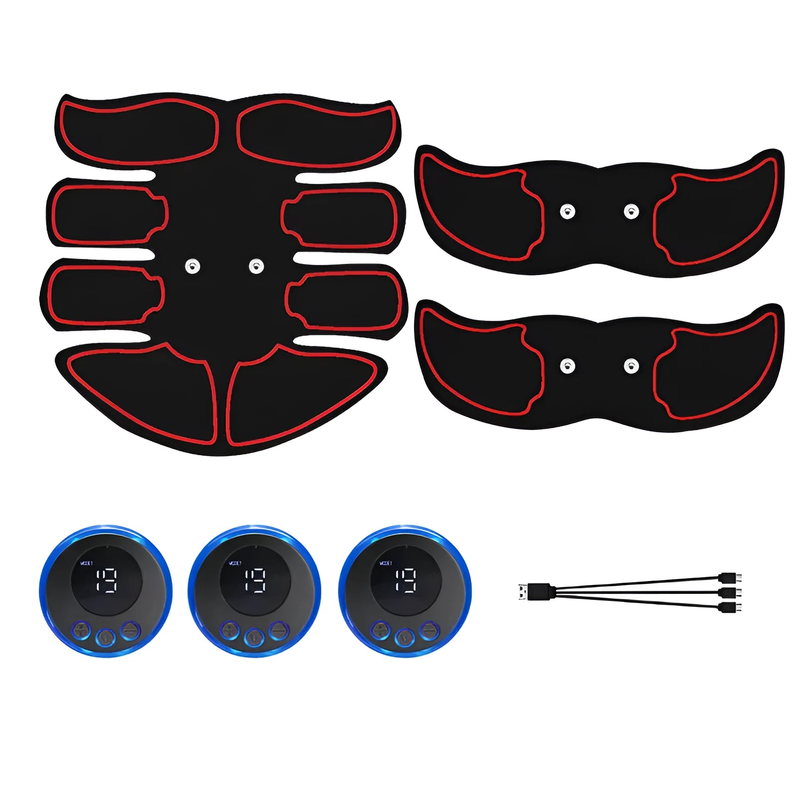 Abdominal muscle patch showing six electrode areas and digital display with charging port