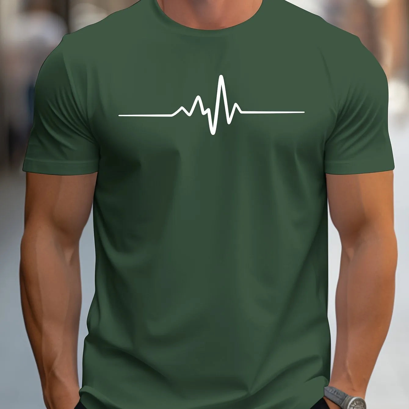 Men's loose-fit short-sleeve t-shirt with a printed letter pattern, shown in a casual style.