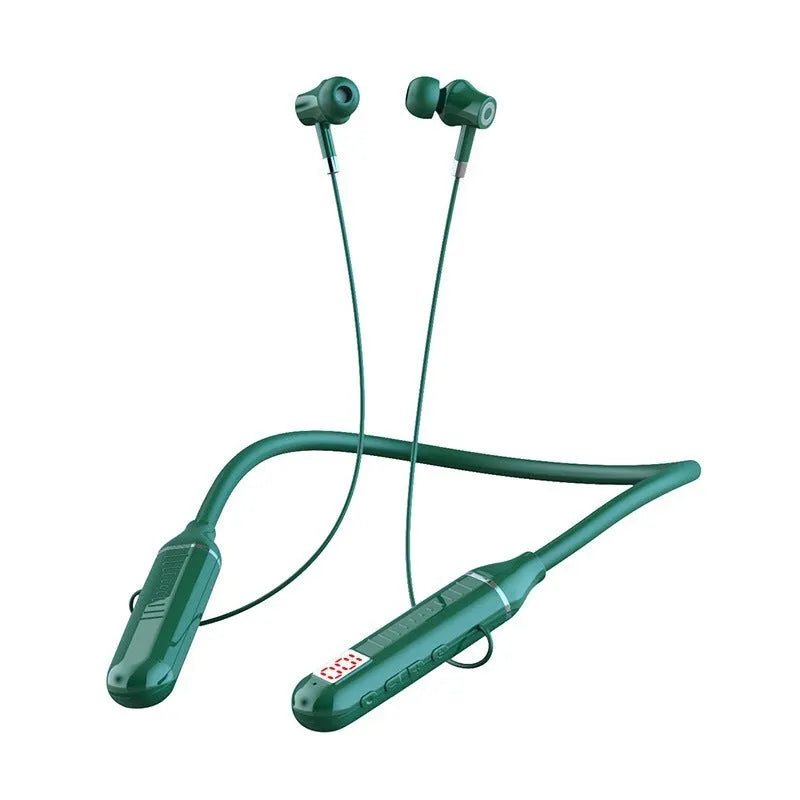 Black wireless Bluetooth neckband sports headphones with a battery display on the neckband.