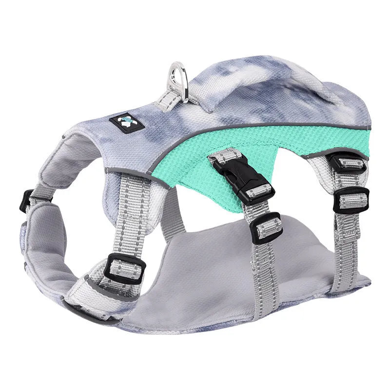 Reflective pet cooling chest strap harness with LED clip in multiple colour options