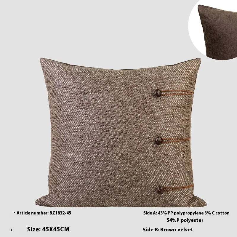 Chinese ancient style square sofa cushion with geometric pattern in brown Maillard colours, 45cm.