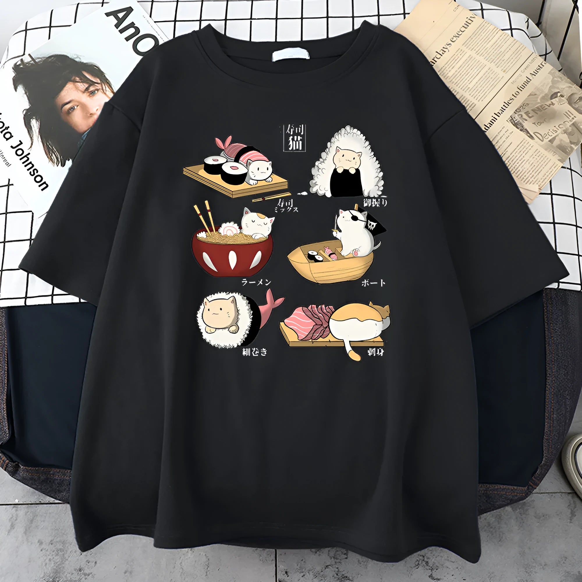 Men's black cotton t-shirt with a cute cartoon print of cats designed as sushi rolls.